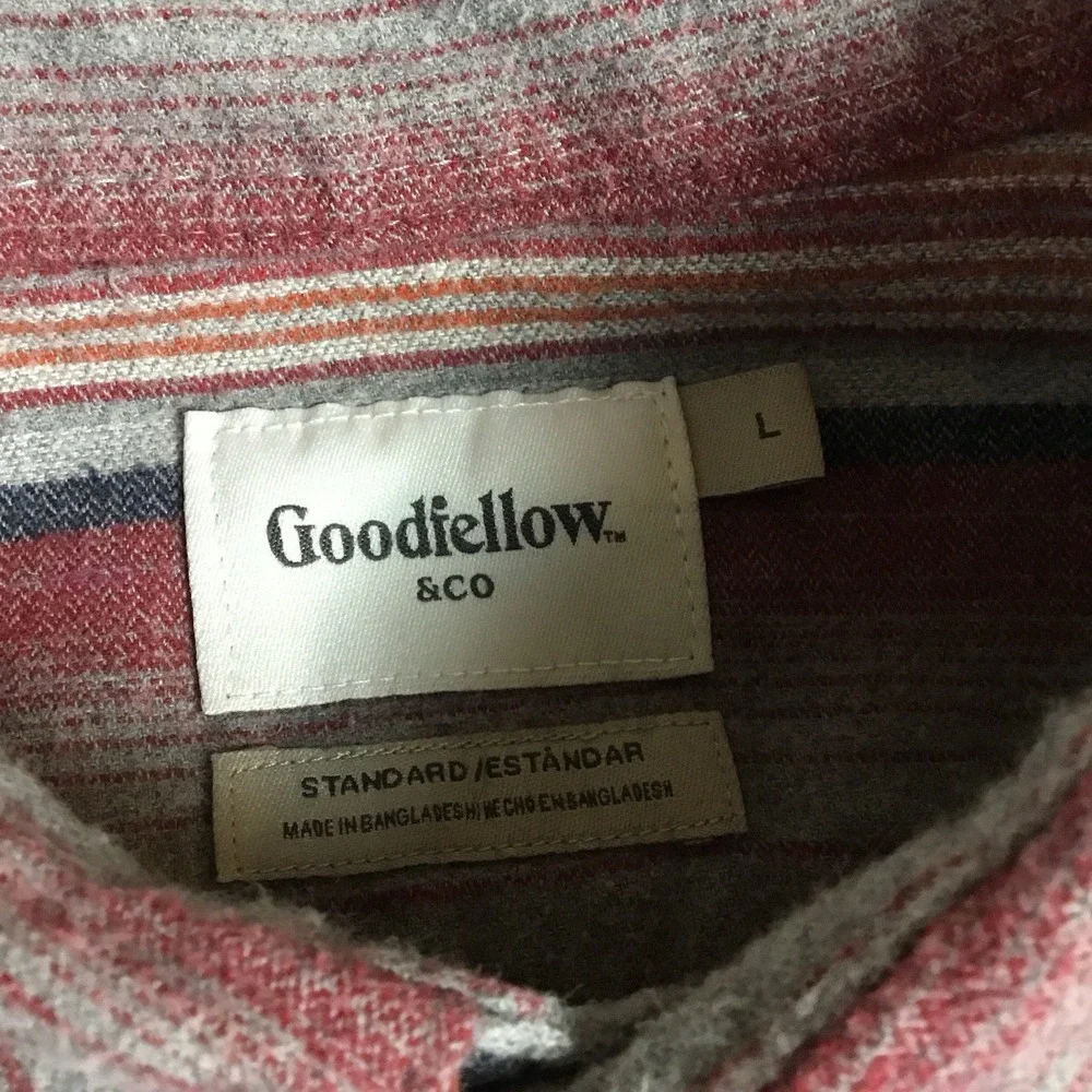Goodfellow & Co Mens Large Gray Red Striped‎ Flannel Button Up Shirt 043160526